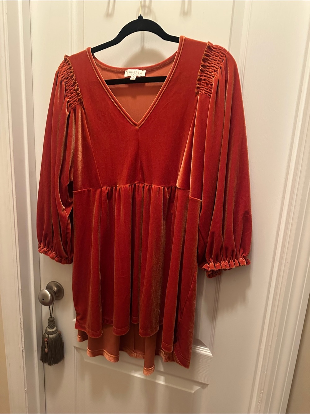 Umgee Rust Orange Velvet V-Neck Babydoll Dress